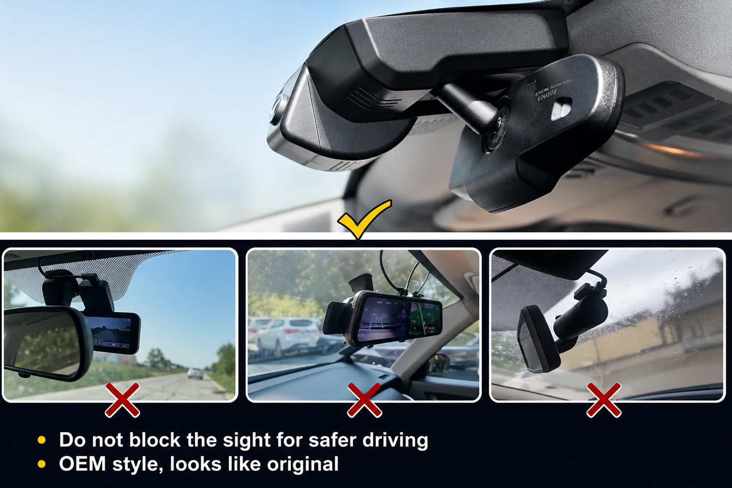 Mangoal OEM-style dash cam with seamless factory-look installation, built-in rearview mirror design won't block the sight for safer driving. 