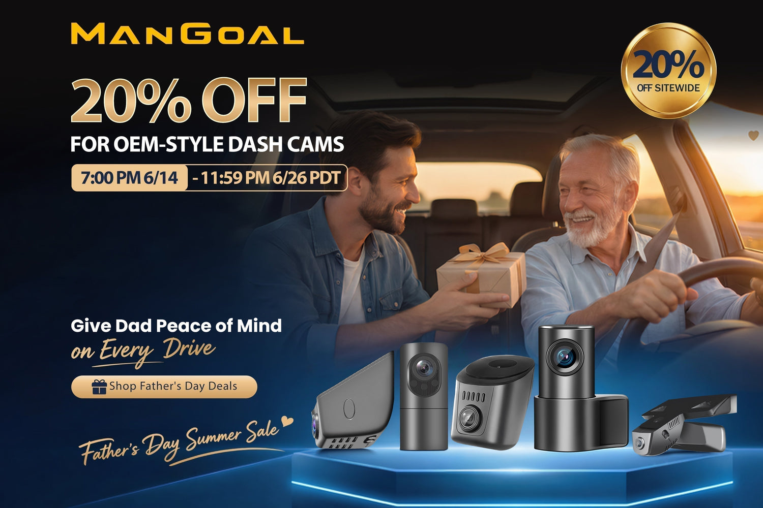 20% OFF Sitewide for OEM style dash am, give dad peace of mind