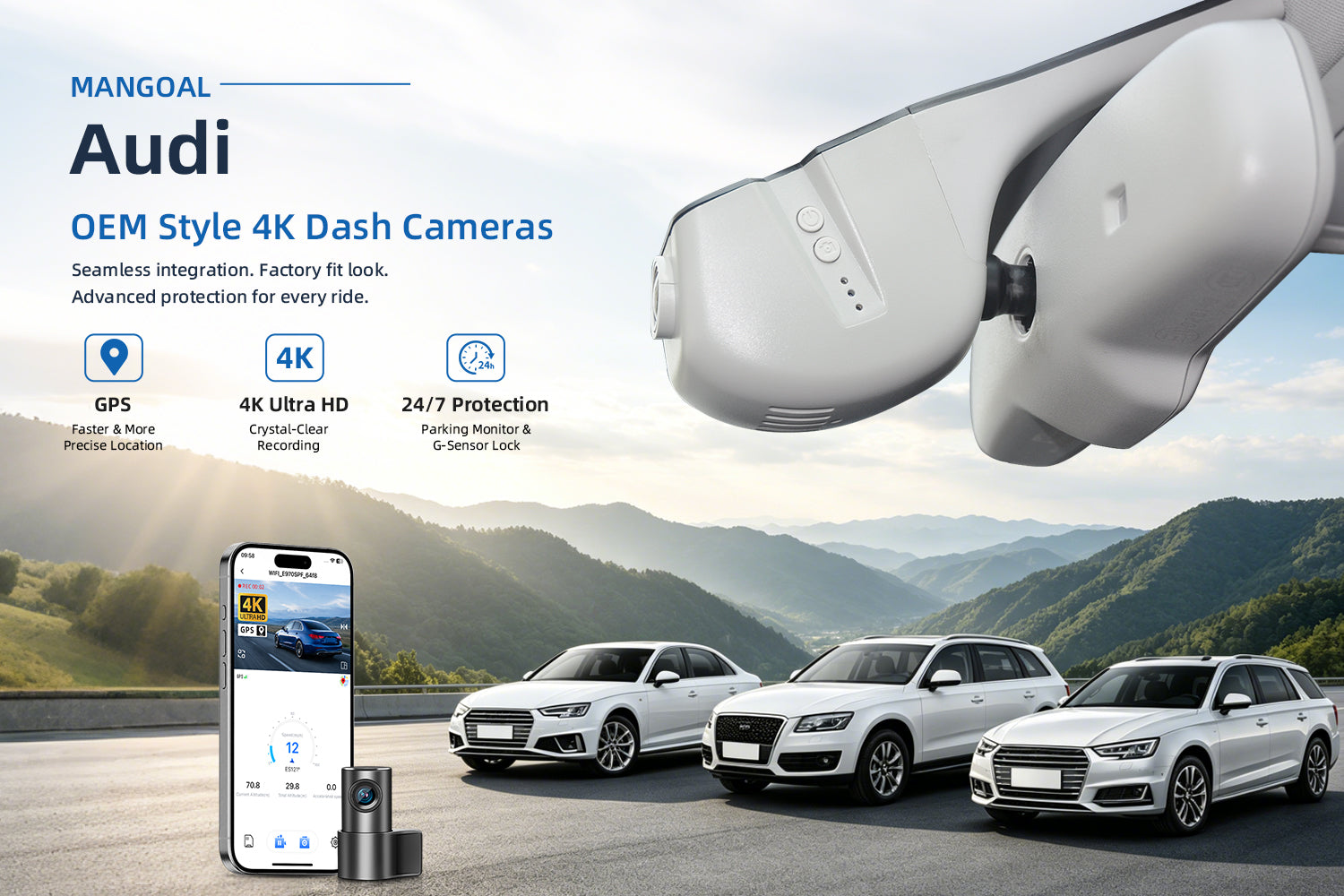 Mangoal factory-fit dash cam for Audi. Support premium 4K video performance. Features WiFi & app control, GPS tracking, motion detection, and reliable vehicle protection.