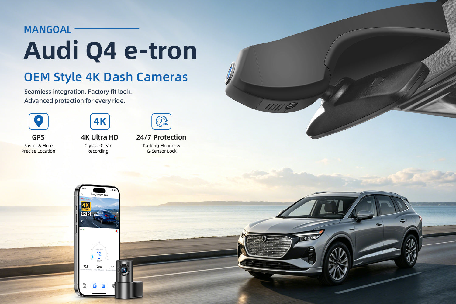 Mangoal factory-fit dash cam for Audi Q4 E-tron. Support premium 4K video performance. Features WiFi & app control, GPS tracking, motion detection, and reliable vehicle protection.