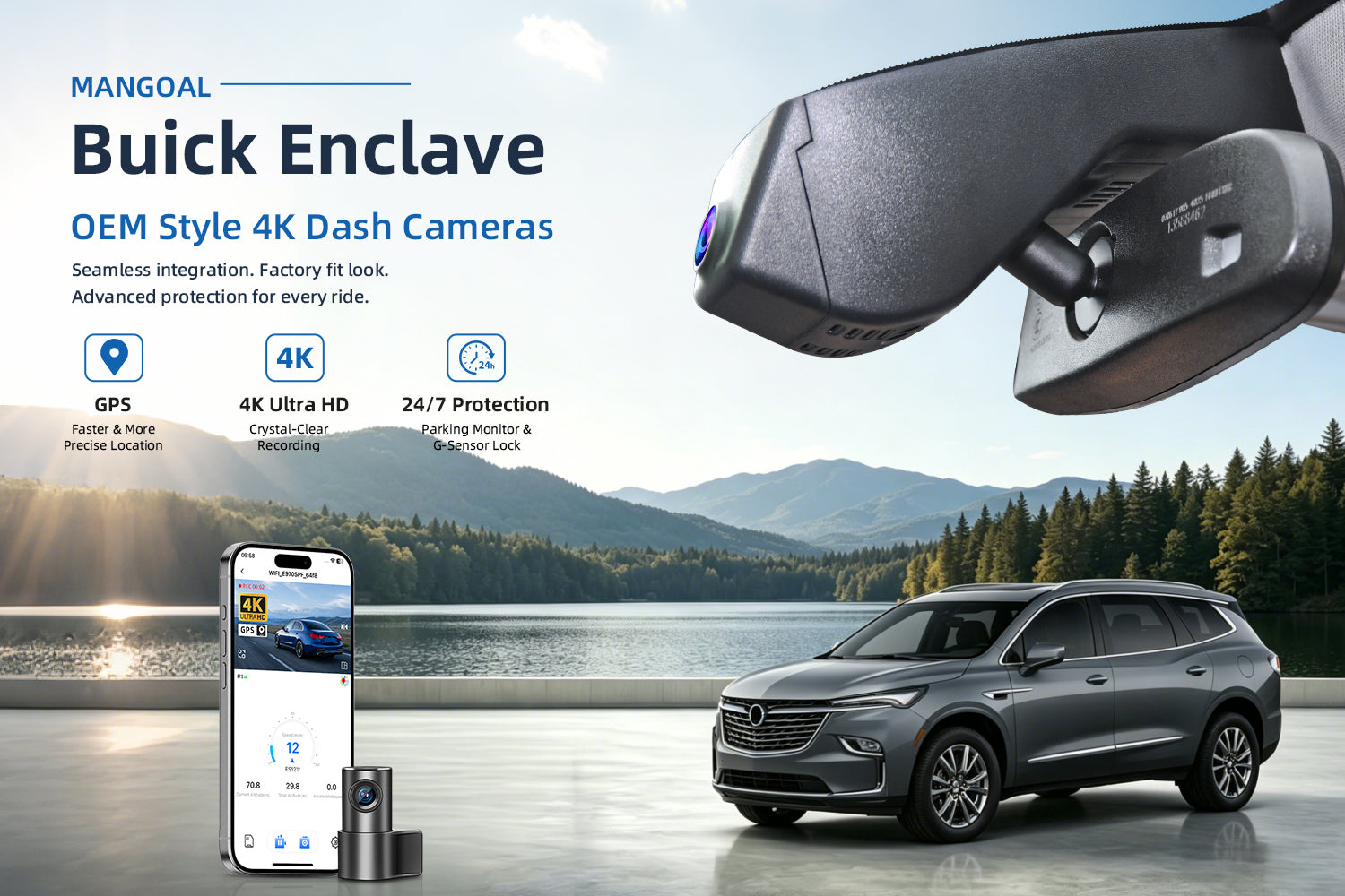 Mangoal factory-fit dash cam for Buick Enclave. Support premium 4K video performance. Features WiFi & app control, GPS tracking, motion detection, and reliable vehicle protection.
