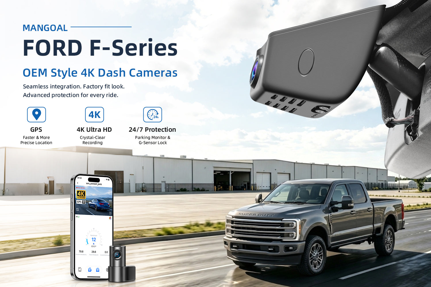 Mangoal factory-fit dash cam for Ford F Series. Support premium 4K video performance. Features WiFi & app control, GPS tracking, motion detection, and reliable vehicle protection.