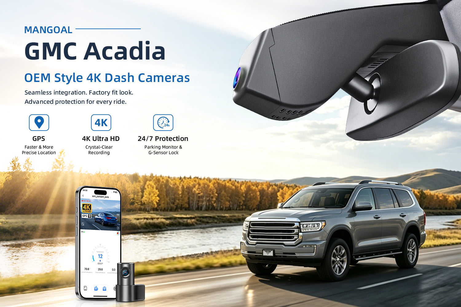 Mangoal factory-fit dash cam for GMC Acadia. Support premium 4K video performance. Features WiFi & app control, GPS tracking, motion detection, and reliable vehicle protection.