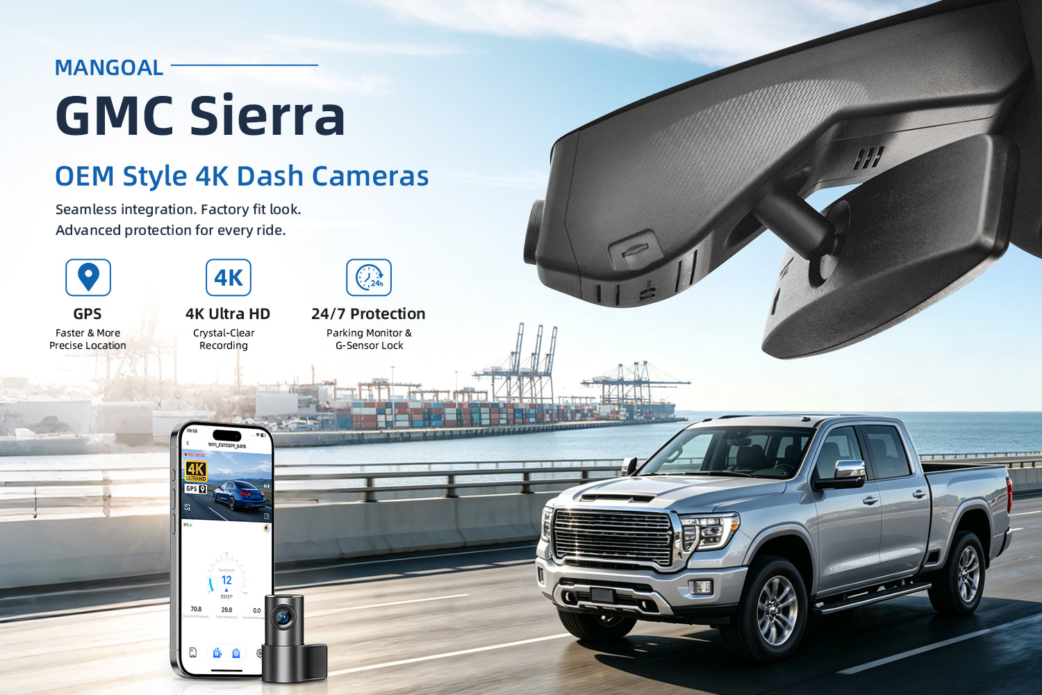 Mangoal factory-fit dash cam for GMC Sierra. Support premium 4K video performance. Features WiFi & app control, GPS tracking, motion detection, and reliable vehicle protection.