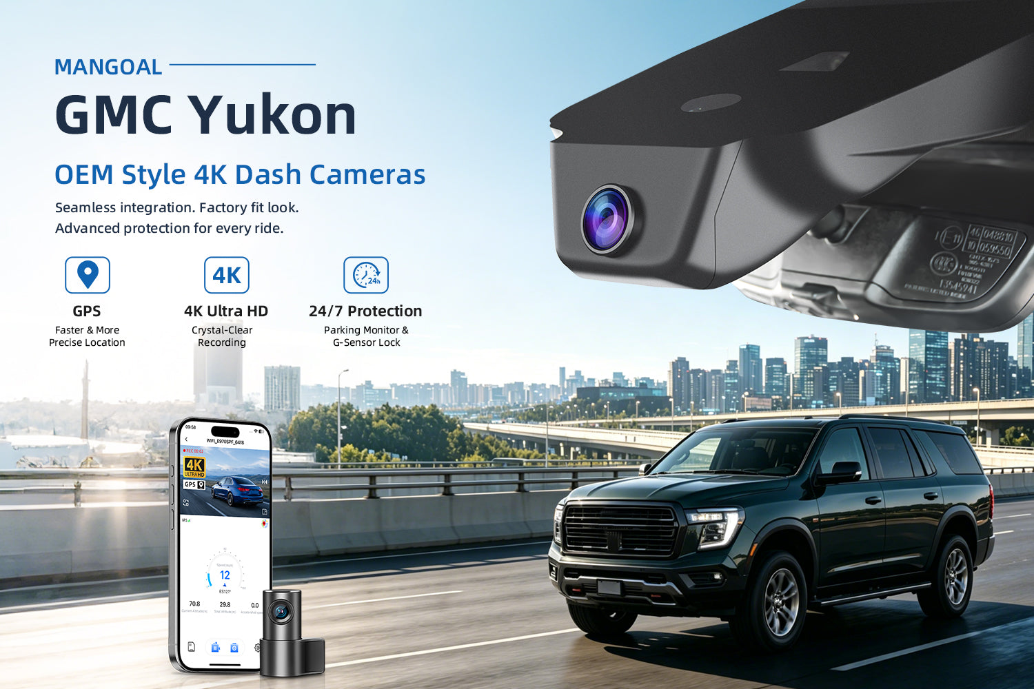 Mangoal factory-fit dash cam for GMC Yukon. Support premium 4K video performance. Features WiFi & app control, GPS tracking, motion detection, and reliable vehicle protection.