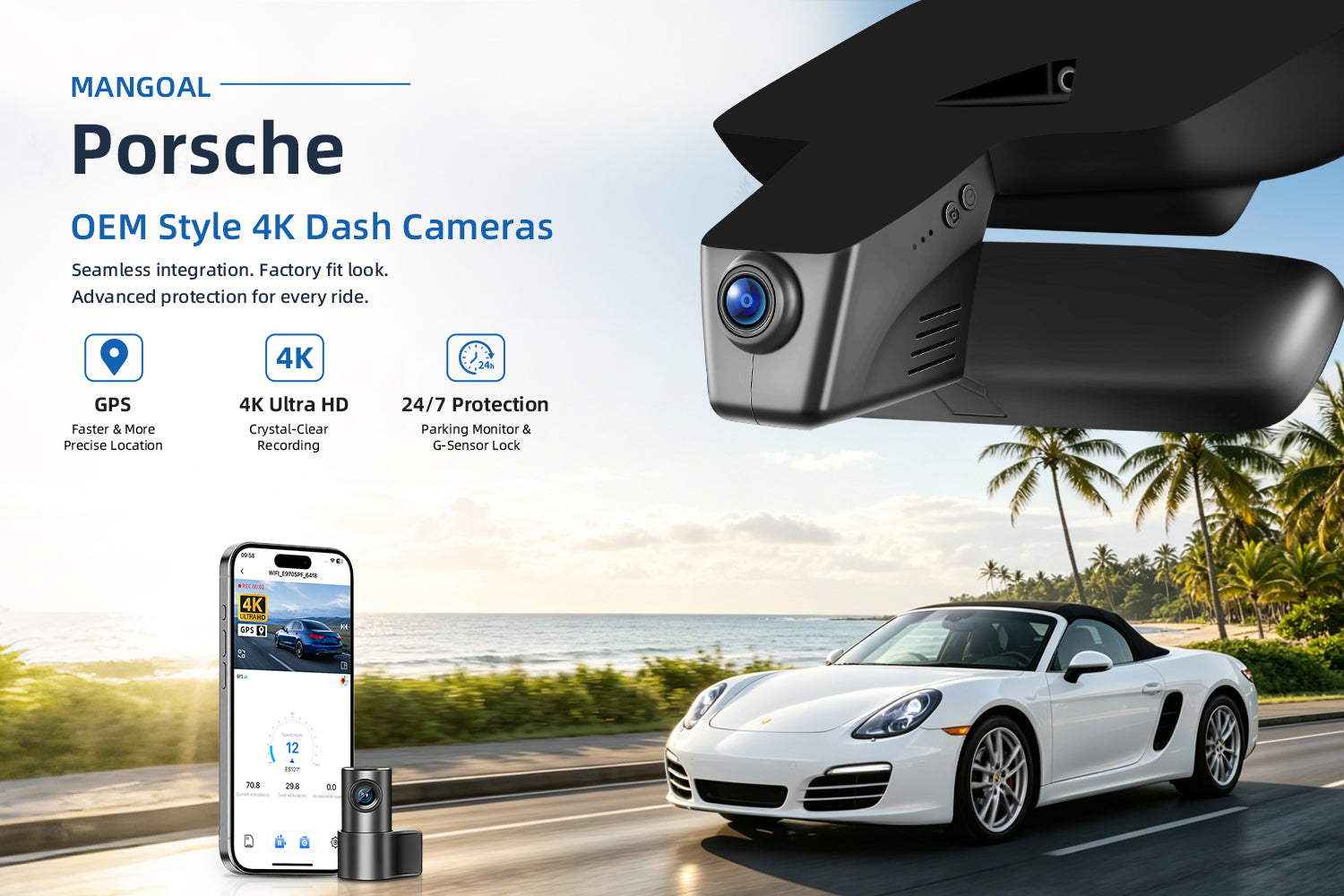 Mangoal factory-fit dash cam for Porsche. Support premium 4K video performance. Features WiFi & app control, GPS tracking, motion detection, and reliable vehicle protection.