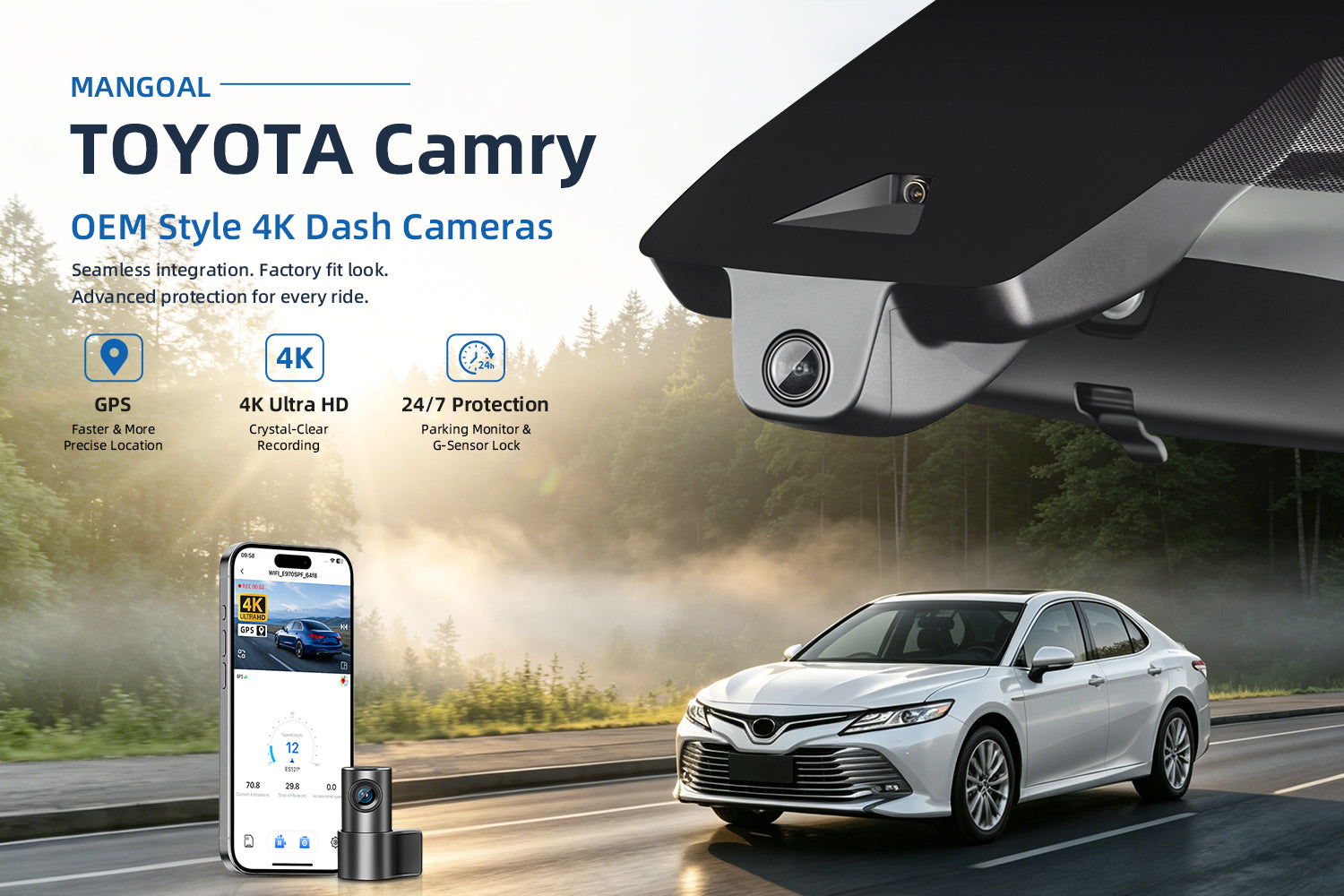 Mangoal factory-fit dash cam for Toyota Camry. Support premium 4K video performance. Features WiFi & app control, GPS tracking, motion detection, and reliable vehicle protection.