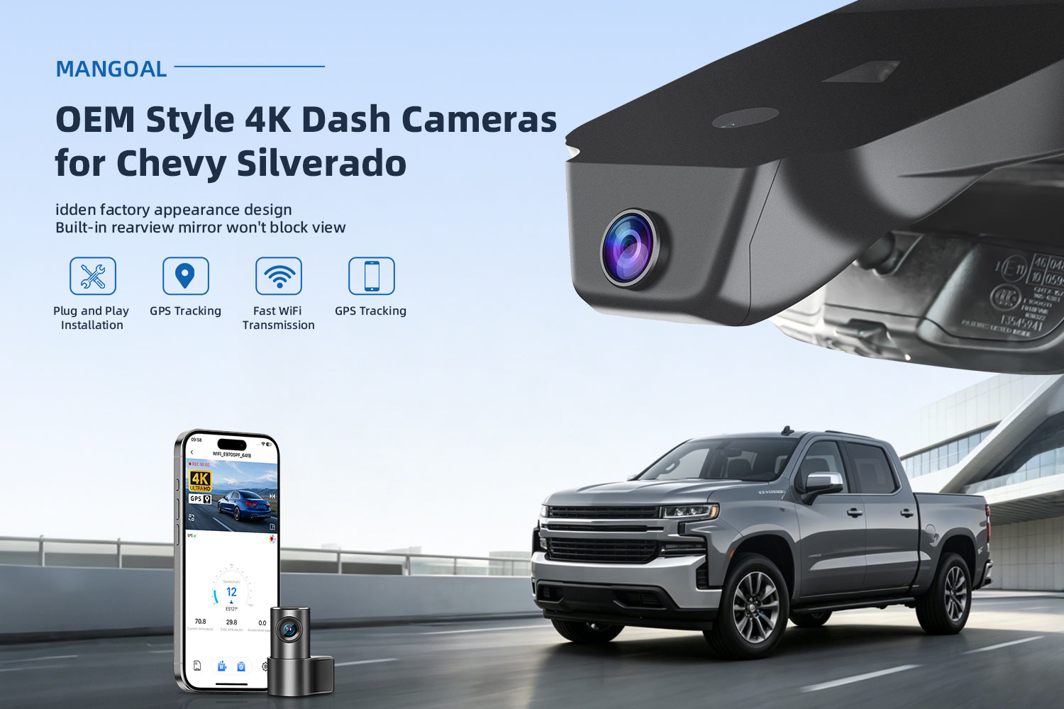 Mangoal dash cam for Chevy Silverado with GPS captures location, speed, and route data alongside sharp 4K recordings. Enjoy quick five-minute installation, app control, G-sensor impact detection, and emergency video lock.