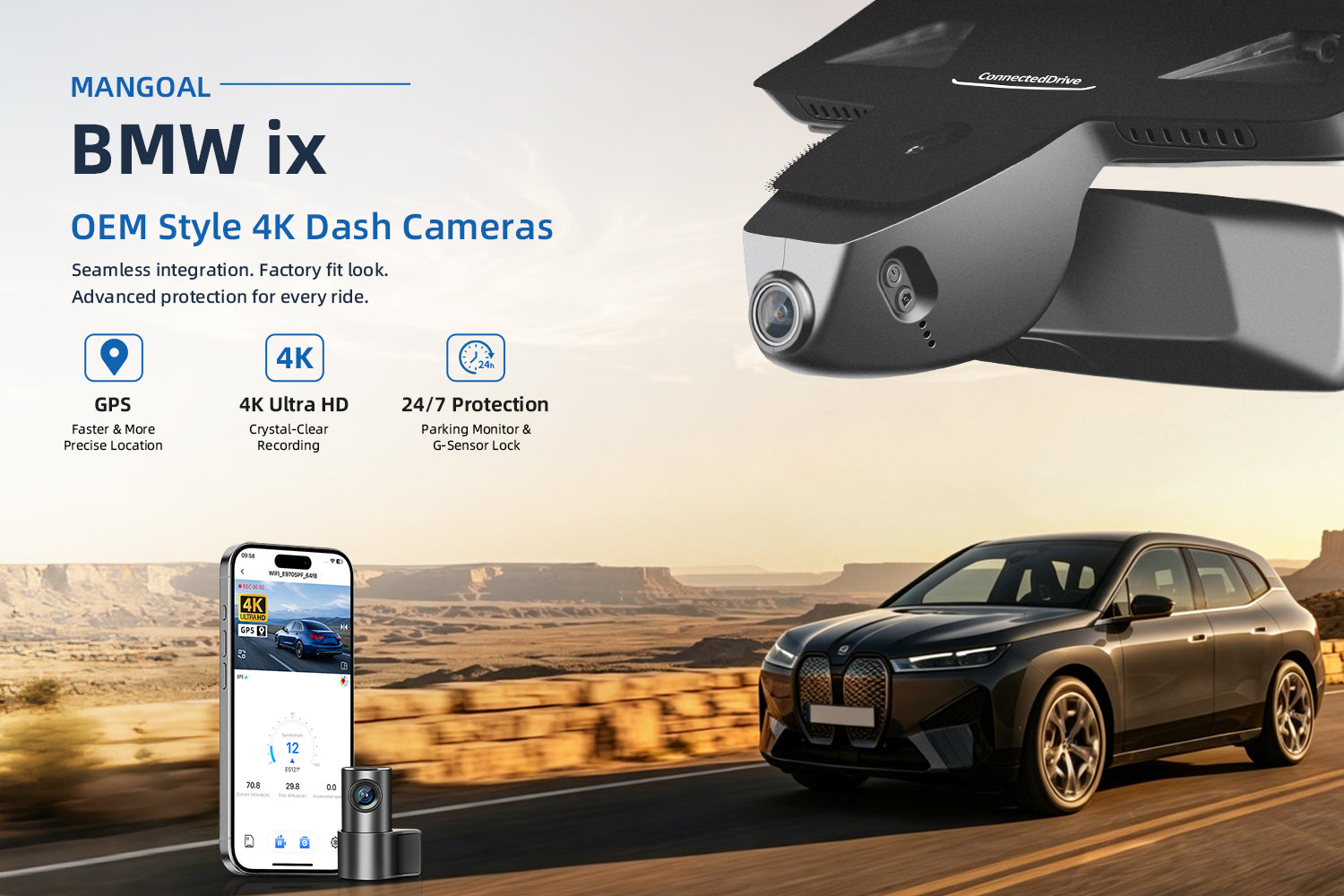 Mangoal factory-fit dash cam for USA cars. Support premium 4K video performance. Features WiFi & app control, GPS tracking, motion detection, and reliable vehicle protection.
