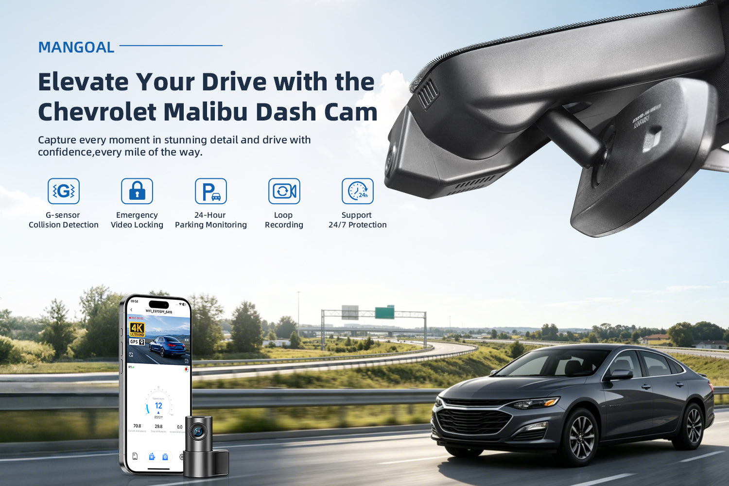 Mangoal factory-fit dash cam for Chevrolet Malibu. Support premium 4K video performance. Features WiFi & app control, GPS tracking, motion detection, and reliable vehicle protection.