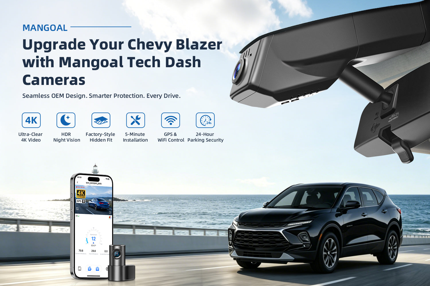 Mangoal factory-fit dash cam for Chevy Blazer. Support premium 4K video performance. Features WiFi & app control, GPS tracking, motion detection, and reliable vehicle protection.