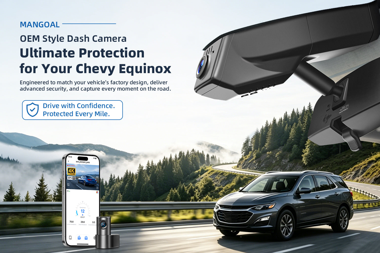 Mangoal factory-fit dash cam for Chevy Equinox. Support premium 4K video performance. Features WiFi & app control, GPS tracking, motion detection, and reliable vehicle protection.