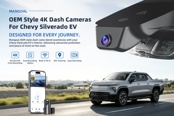Mangoal Built-in dash cam for Chevy Silverado EV. STARVIS sensor records clear 4K HDR footage day and night. Plug-and-play installation, WiFi app control, parking mode, and loop recording for daily protection.