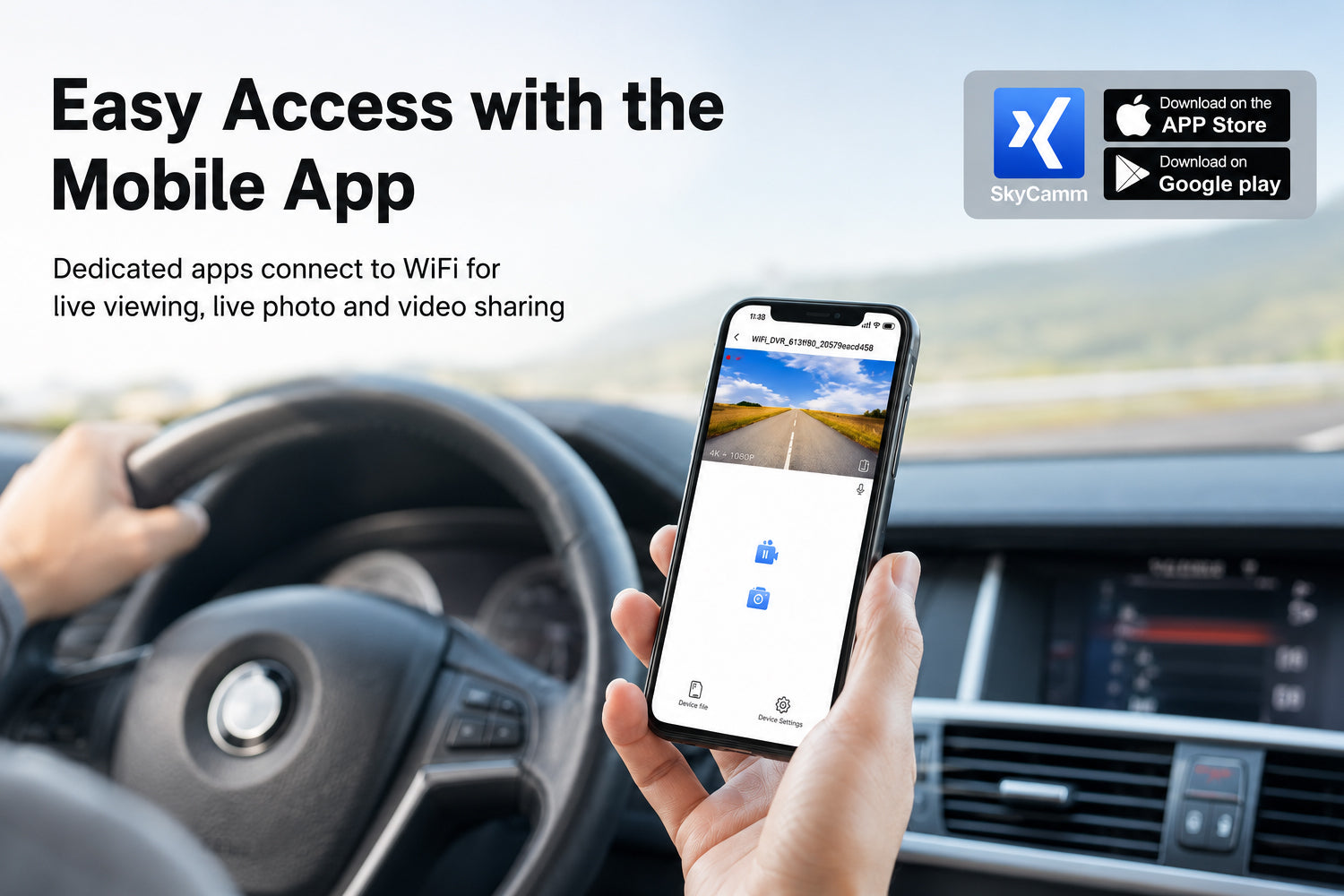 Mangoal dash cam with easy mobile app access, featuring WiFi connection for real-time monitoring and seamless media sharing.