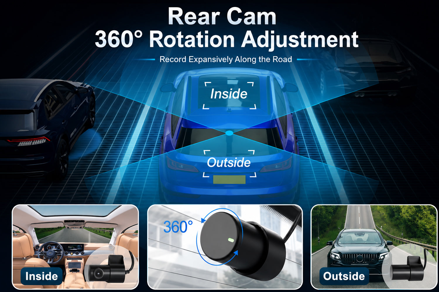 Mangoal dual-channel dash cams with front cam and 360 rear cam, featuring a wide field of view, and discreet design,  full coverage for 24/7 security.