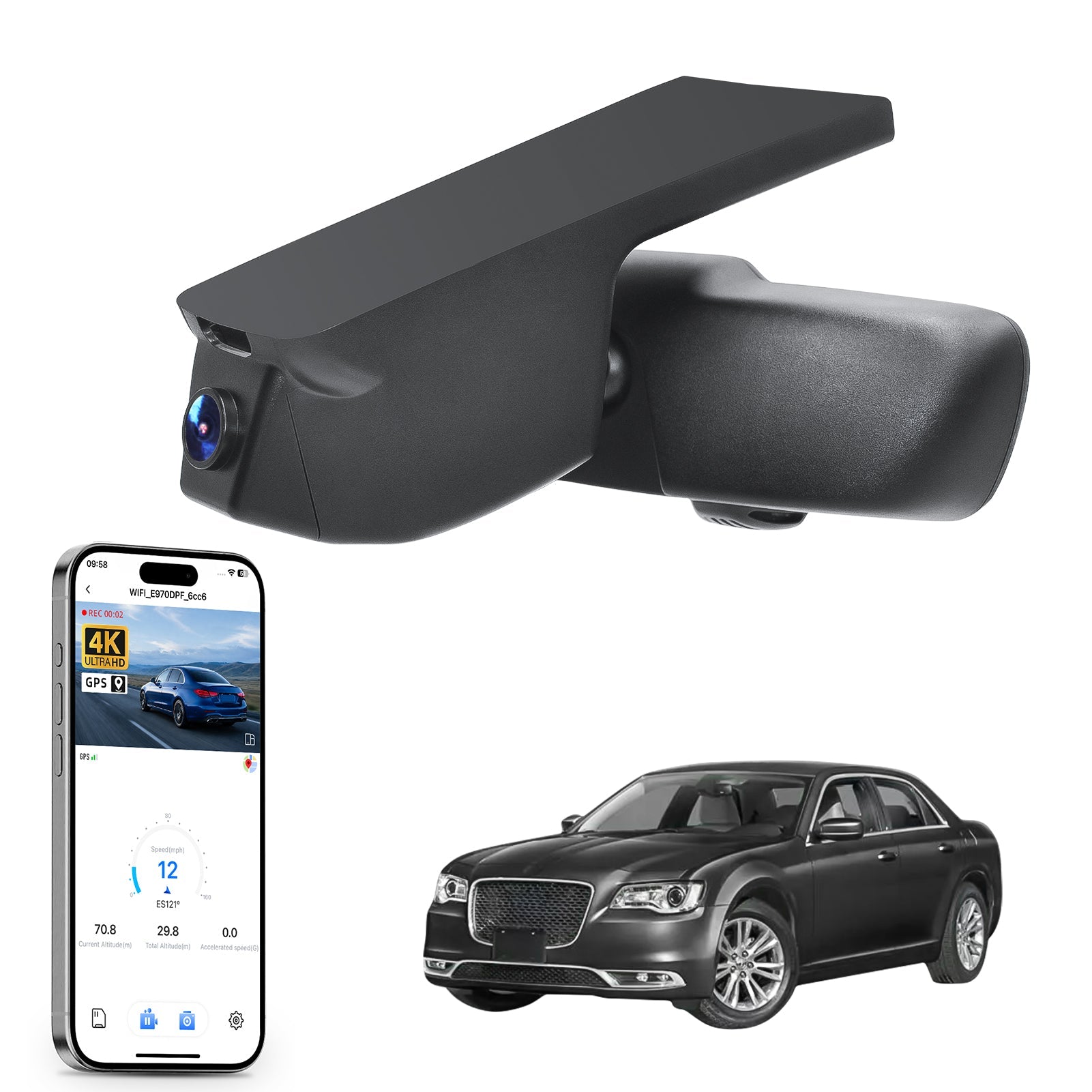 Mangoal rearview mirror built-in dash cam with smartphone app control, 4K Ultra HD recording, GPS tracking, and Chrysler 300 models in the background.