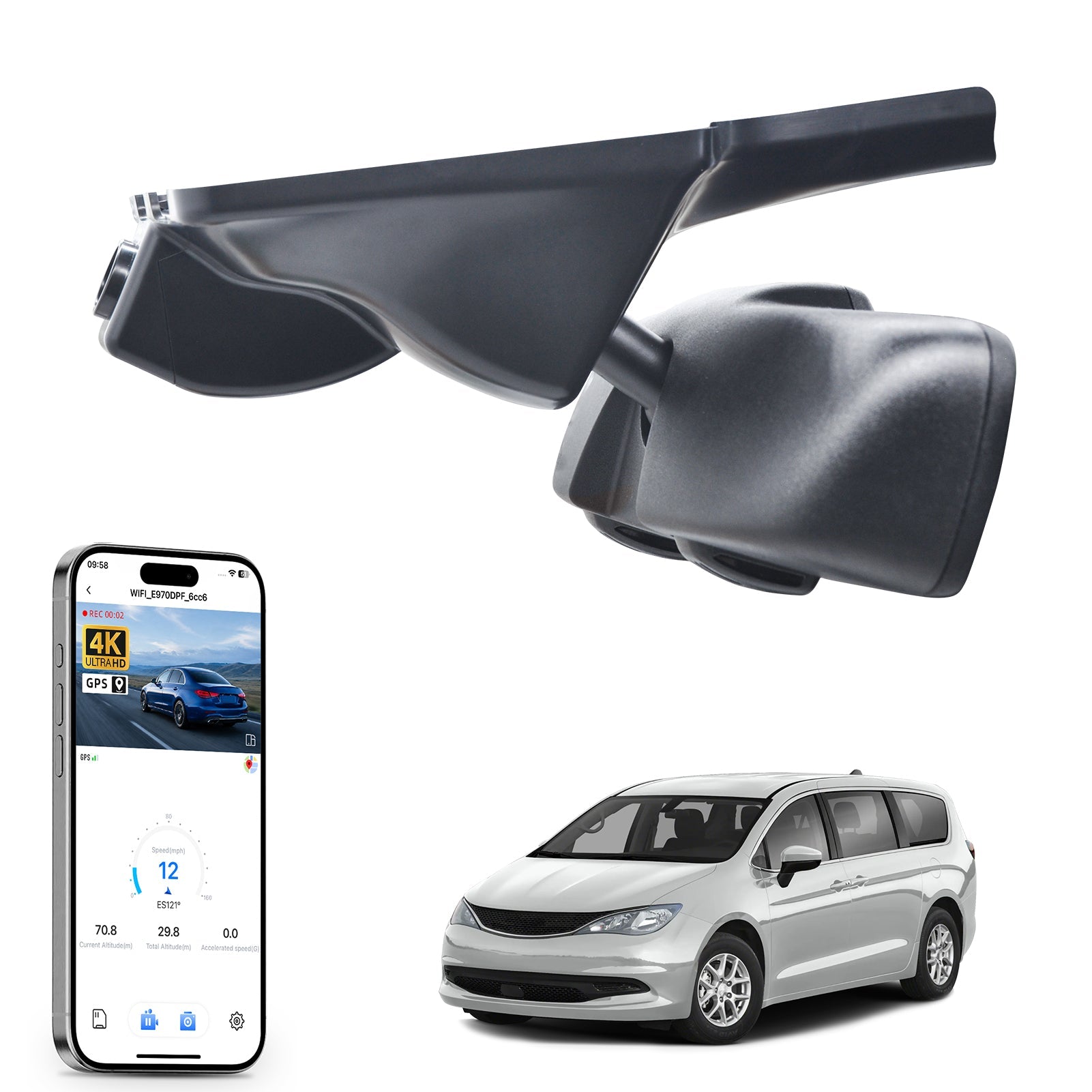 Mangoal rearview mirror built-in dash cam with smartphone app control, 4K Ultra HD recording, GPS tracking, and Chrysler Voyager models in the background.