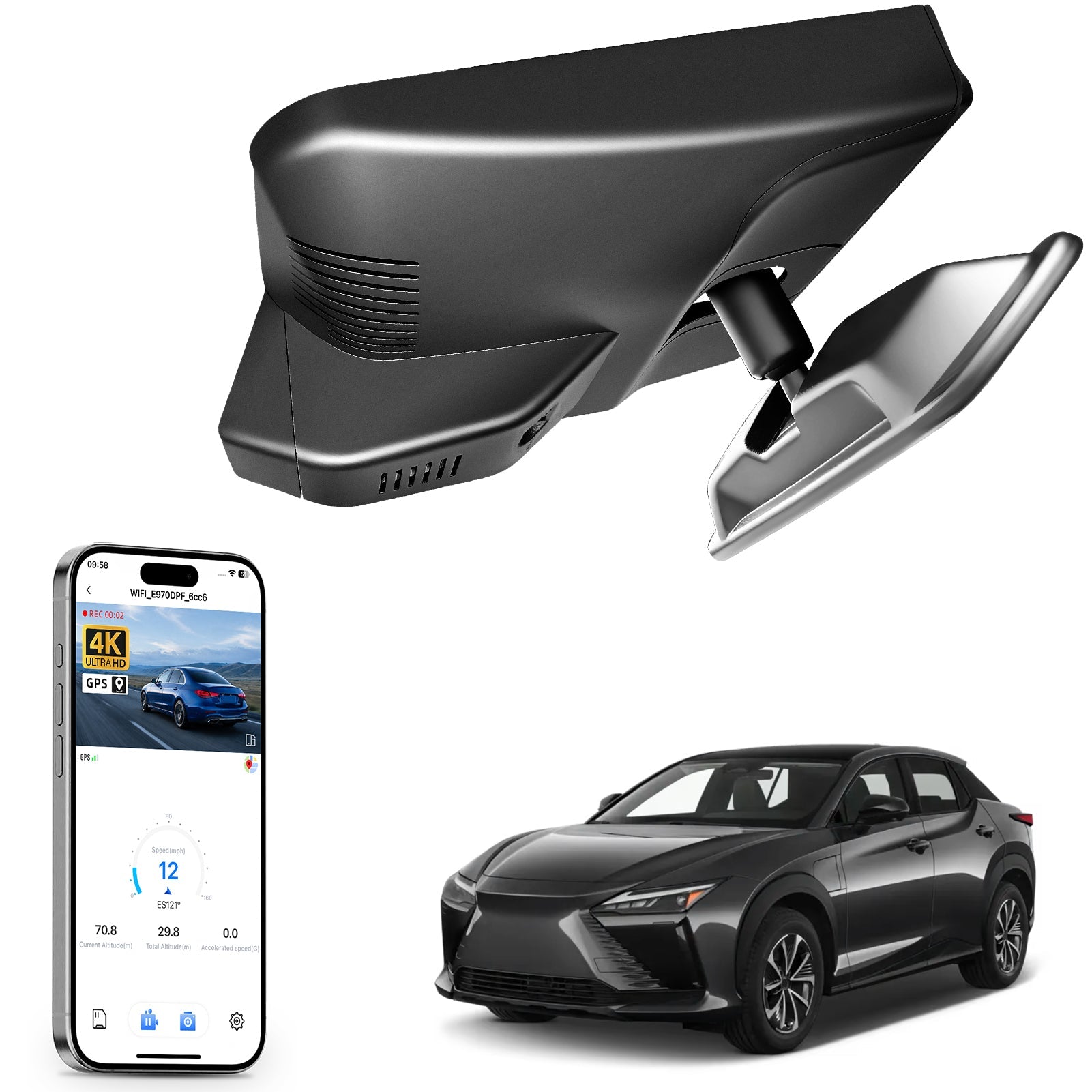 Mangoal rearview mirror built-in dash cam with smartphone app control, 4K Ultra HD recording, GPS tracking, and Lexus RZ models in the background.