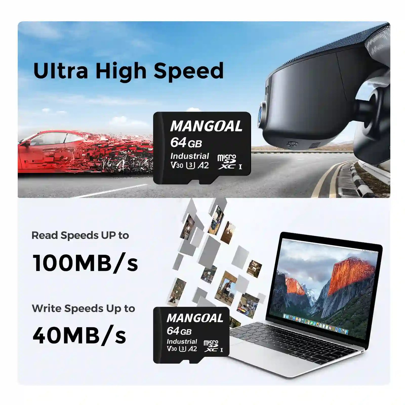 Mangoal microSD card with high-speed specifications displayed on a road and laptop background mangoal dash cam
