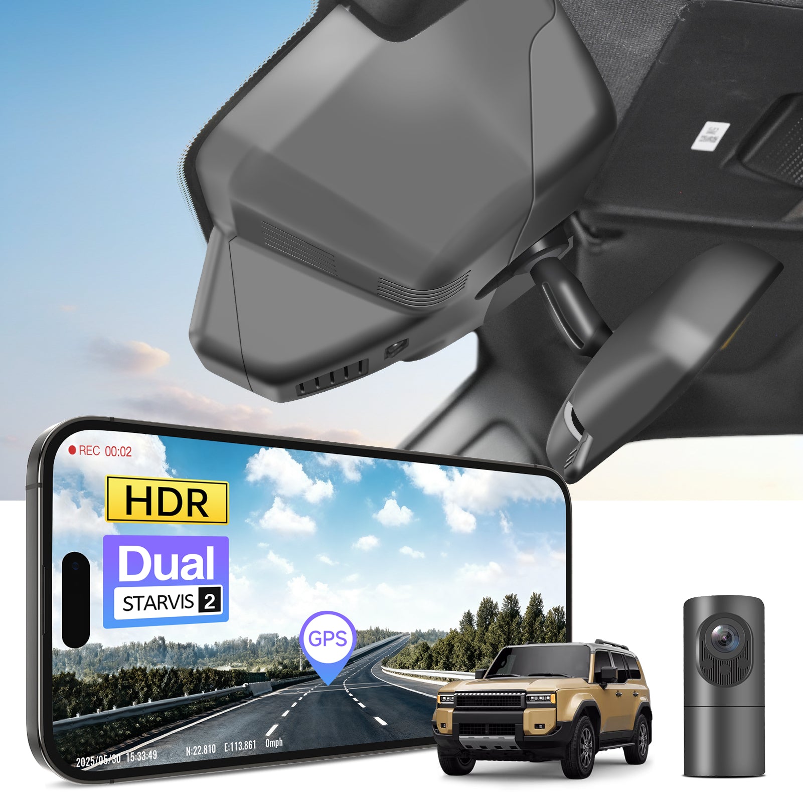 2 channel dash cam with dual STARVIS 2, features smartphone app control, 4K Ultra HD recording, GPS tracking, and Toyota Land Cruiser Off-road SUV models in the background.  
