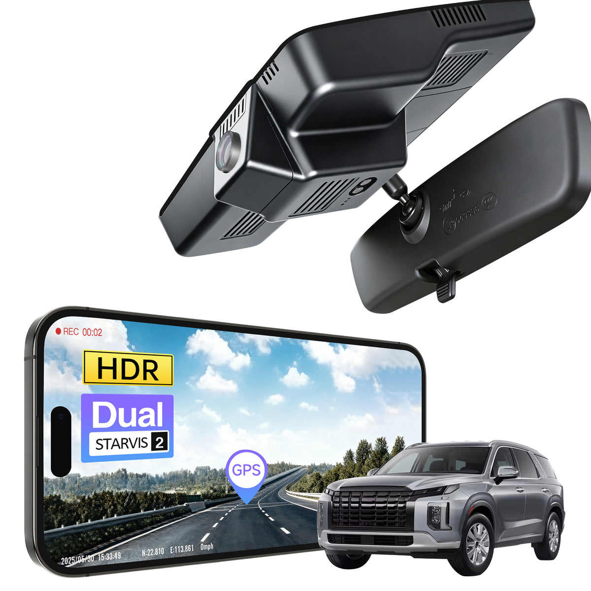 MANGOAL 4K STARVIS 2 Dash Cam (GPS Included) for Hyundai Palisade 2023–2025 (LHD,Left-hand drive）