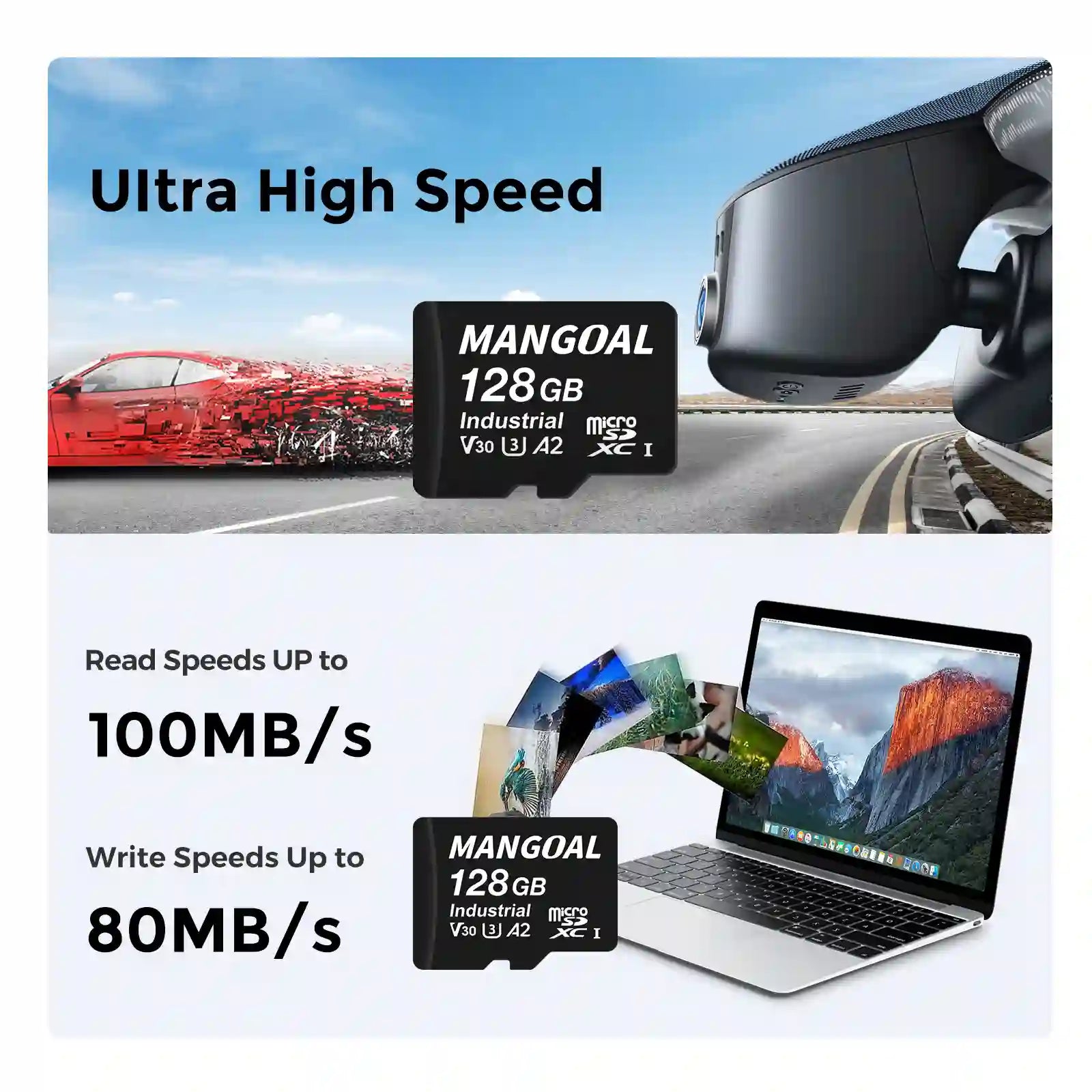 Mangoal microSD card with high-speed specifications displayed against a road and car background. mangoal dash cam