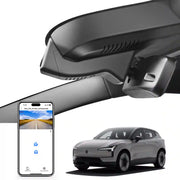 Car rearview mirror built-in dash cam with smartphone app control, 4K Ultra HD recording, GPS tracking, and Volvo EX30 SUV models in the background.