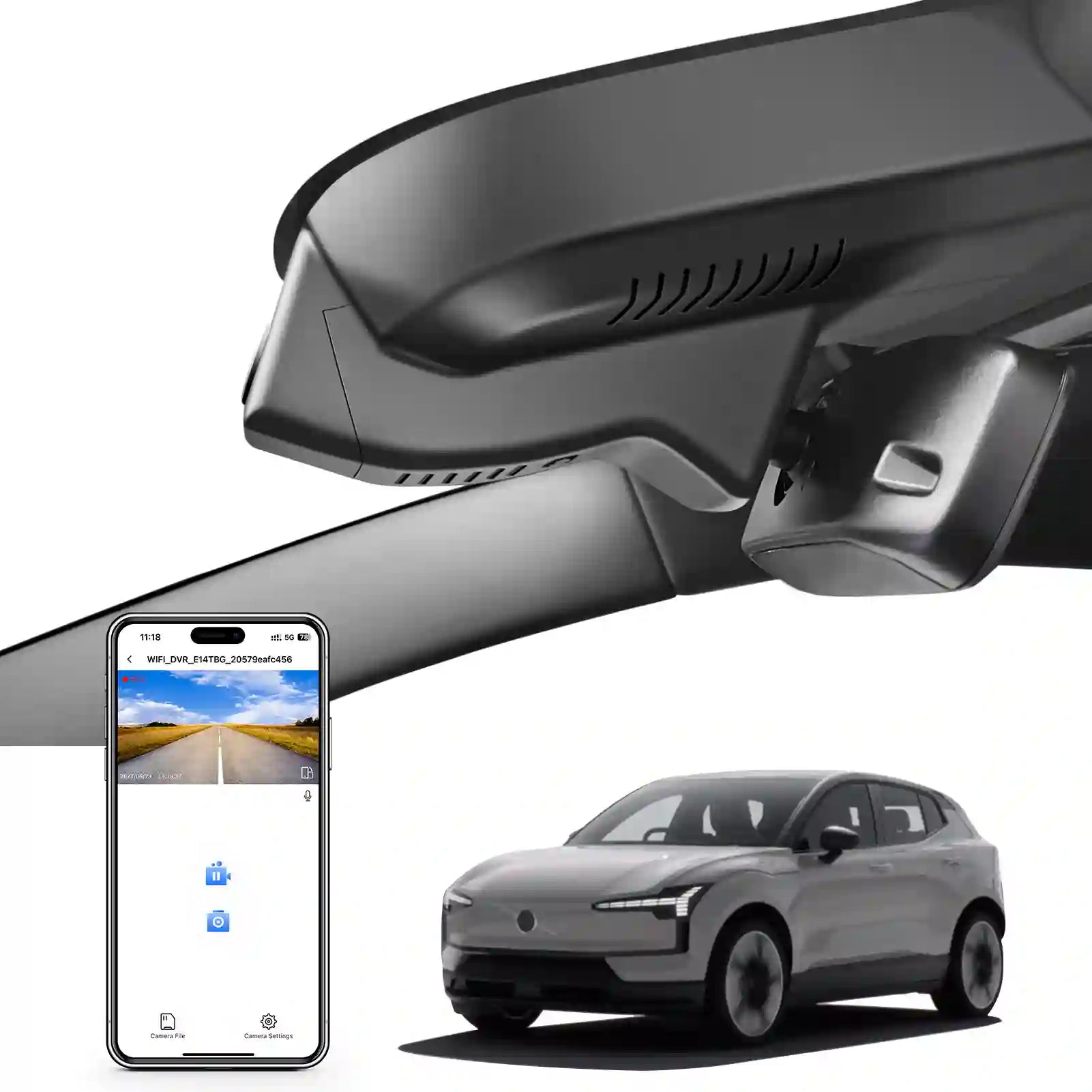 Car rearview mirror built-in dash cam with smartphone app control, 4K Ultra HD recording, GPS tracking, and Volvo EX30 SUV models in the background.