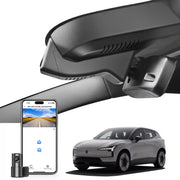 2 channel dash cam with dual STARVIS 2, features smartphone app control, 4K Ultra HD recording, GPS tracking, and Volvo EX30 SUV in the background.  