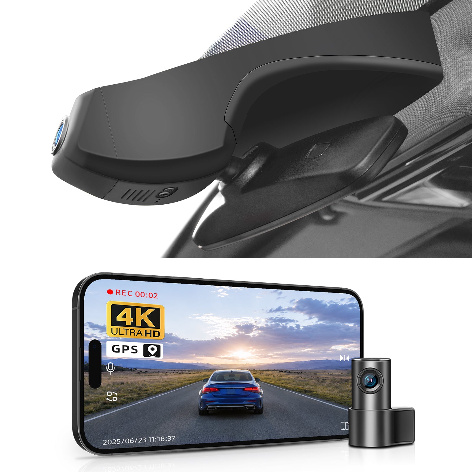 2 channel dash cam with dual STARVIS 2, features smartphone app control, 4K Ultra HD recording, GPS tracking, and Volkswagen ID.4 SUV models in the background.  