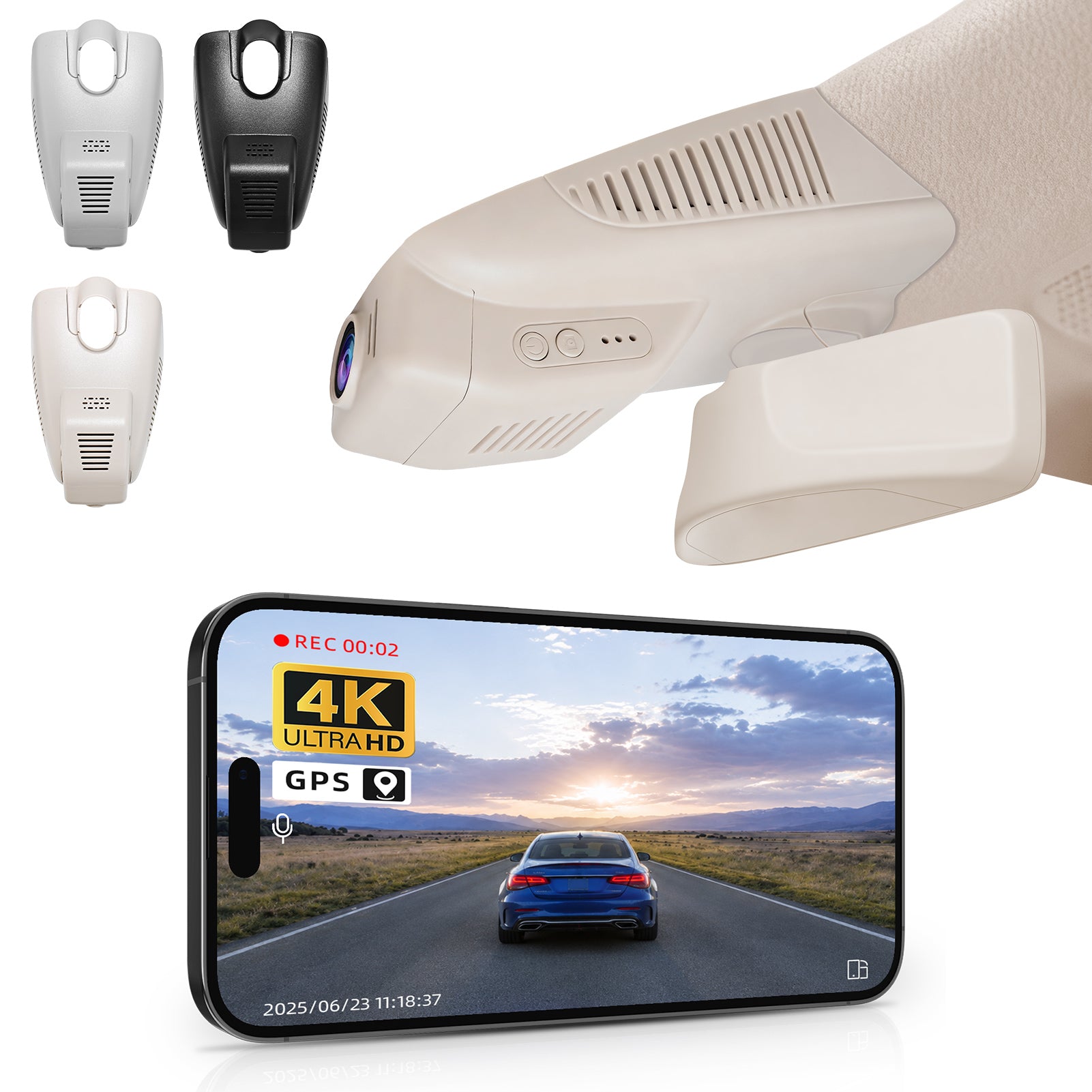 2 channel dash cam with dual STARVIS 2, features smartphone app control, 4K Ultra HD recording, GPS tracking, and Benz C-Class Gen4 in the background. 