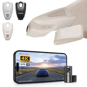 2 channel dash cam with dual STARVIS 2, features smartphone app control, 4K Ultra HD recording, GPS tracking, and Benz C-Class Gen4 in the background. 