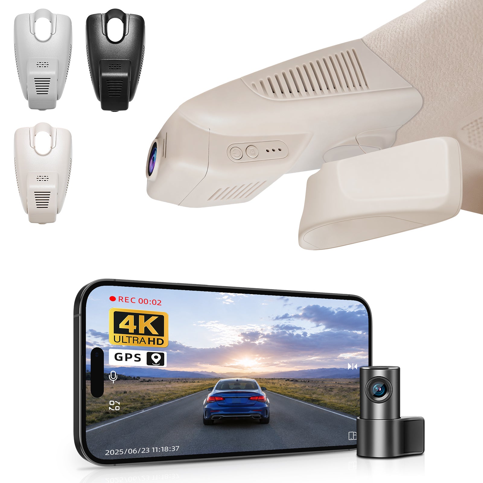 2 channel dash cam with dual STARVIS 2, features smartphone app control, 4K Ultra HD recording, GPS tracking, and Benz C-Class Gen4 in the background. 