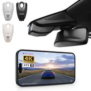 Car rearview mirror built-in dash cam with smartphone app control, 4K Ultra HD recording, GPS tracking, and Benz C-Class Gen4 models in the background.