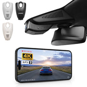 Car rearview mirror built-in dash cam with smartphone app control, 4K Ultra HD recording, GPS tracking, and Benz E-Class Gen5 models in the background.