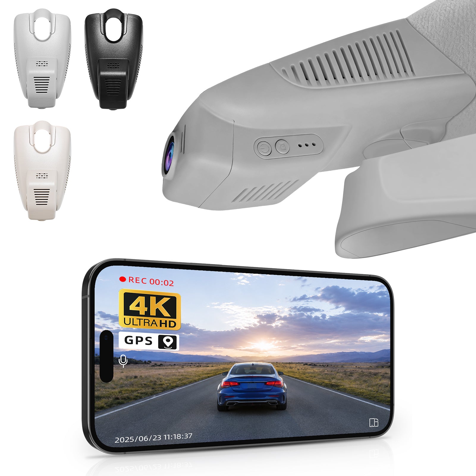 Car rearview mirror built-in dash cam with smartphone app control, 4K Ultra HD recording, GPS tracking, and Benz C-Class Gen4 models in the background.