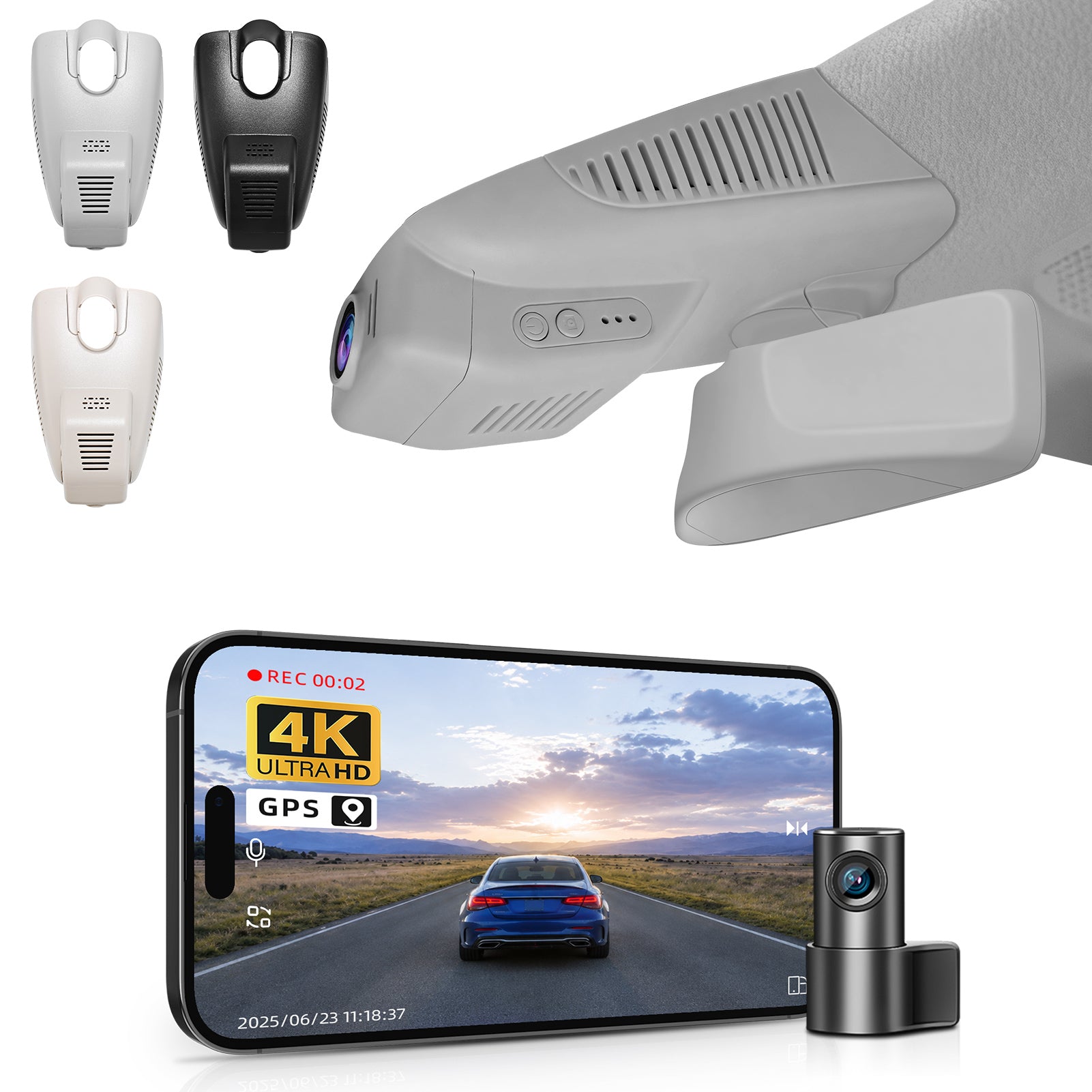 2 channel dash cam with dual STARVIS 2, features smartphone app control, 4K Ultra HD recording, GPS tracking, and Benz C-Class Gen4 in the background. 