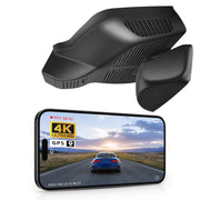 Car rearview mirror built-in dash cam with smartphone app control, 4K Ultra HD recording, GPS tracking, and Benz E-Class Gen6 models in the background.