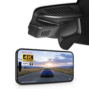 Car rearview mirror built-in dash cam with smartphone app control, 4K Ultra HD recording, GPS tracking, and Benz GLB models in the background.