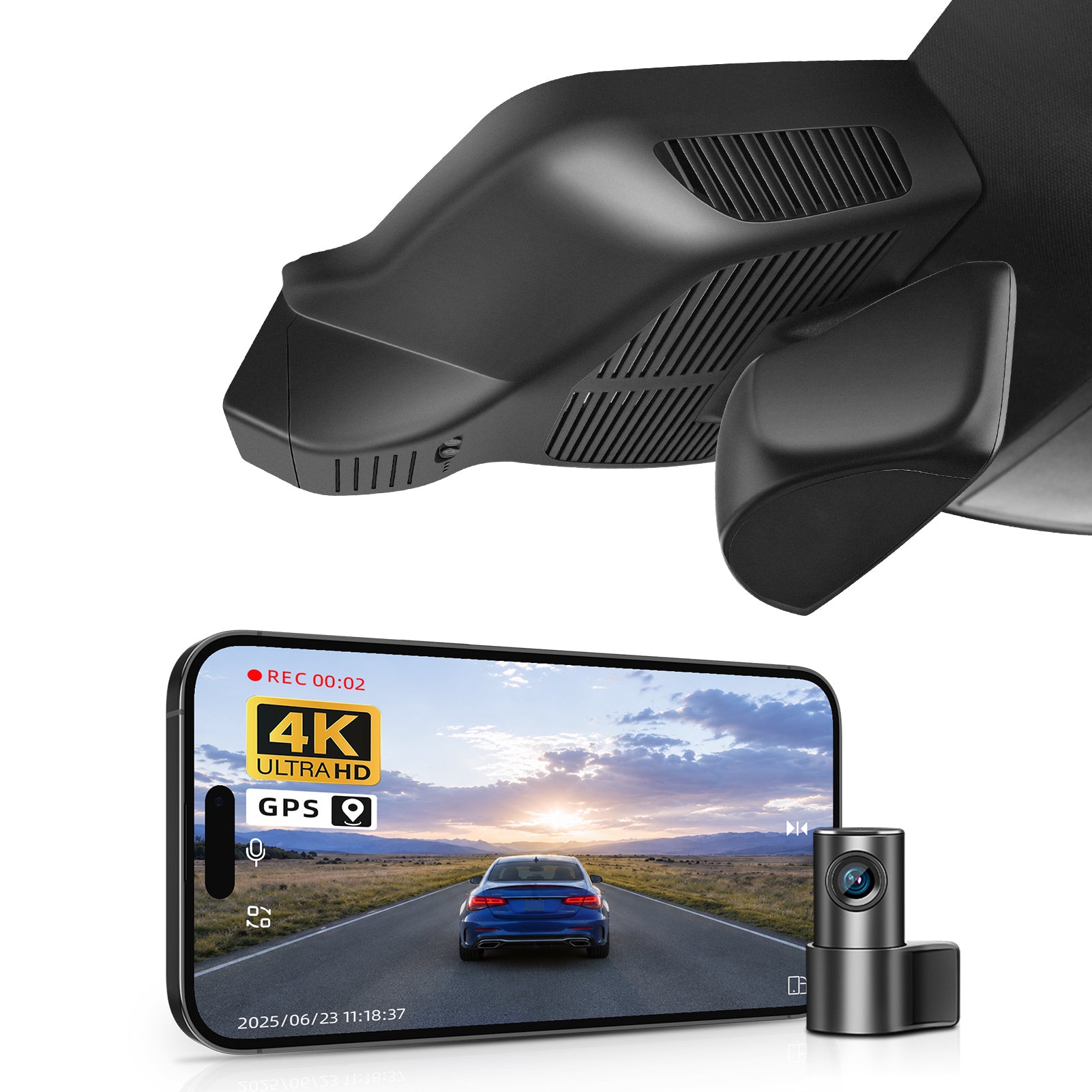 2 channel dash cam with dual STARVIS 2, features smartphone app control, 4K Ultra HD recording, GPS tracking, and Benz C-Class Gen6 in the background. 