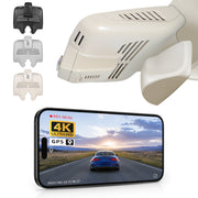 Car rearview mirror built-in dash cam with smartphone app control, 4K Ultra HD recording, GPS tracking, and Benz C-Class Gen4 models in the background.