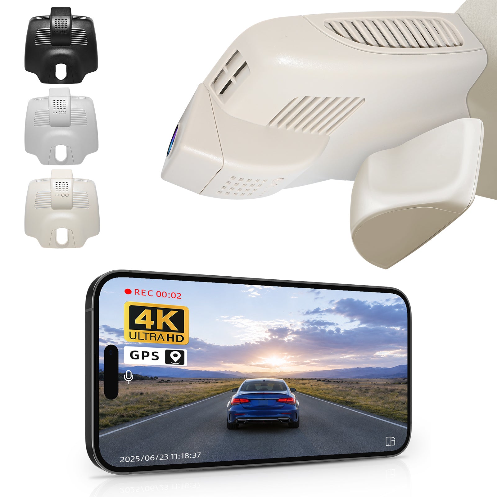 2 channel dash cam with dual STARVIS 2, features smartphone app control, 4K Ultra HD recording, GPS tracking, and Benz C-Class Gen4 in the background. 