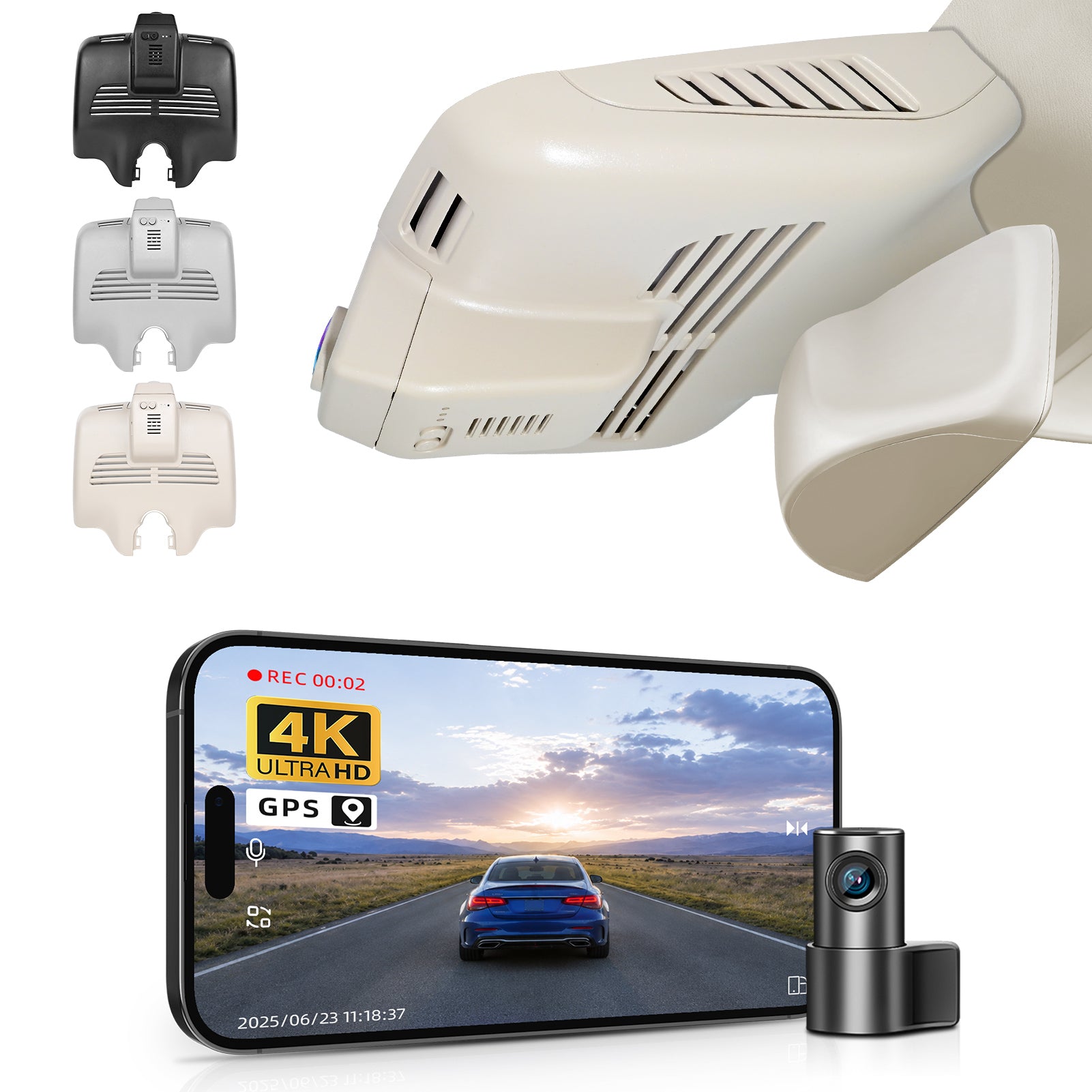 2 channel dash cam with dual STARVIS 2, features smartphone app control, 4K Ultra HD recording, GPS tracking, and Benz C-Class Gen4 in the background. 