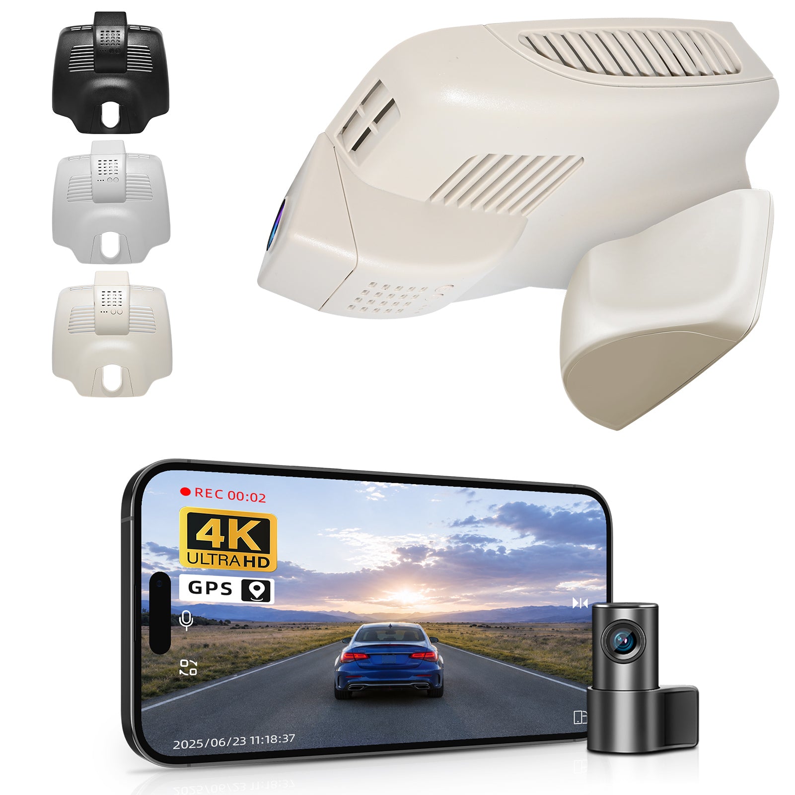 2 channel dash cam with dual STARVIS 2, features smartphone app control, 4K Ultra HD recording, GPS tracking, and Benz C-Class Gen4 in the background. 