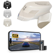 2 channel dash cam with dual STARVIS 2, features smartphone app control, 4K Ultra HD recording, GPS tracking, and Benz C-Class Gen4 in the background. 