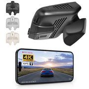 Car rearview mirror built-in dash cam with smartphone app control, 4K Ultra HD recording, GPS tracking, and Benz C-Class Gen4 models in the background.
