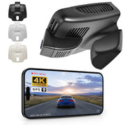 Car rearview mirror built-in dash cam with smartphone app control, 4K Ultra HD recording, GPS tracking, and Benz E-Class Gen5 models in the background.