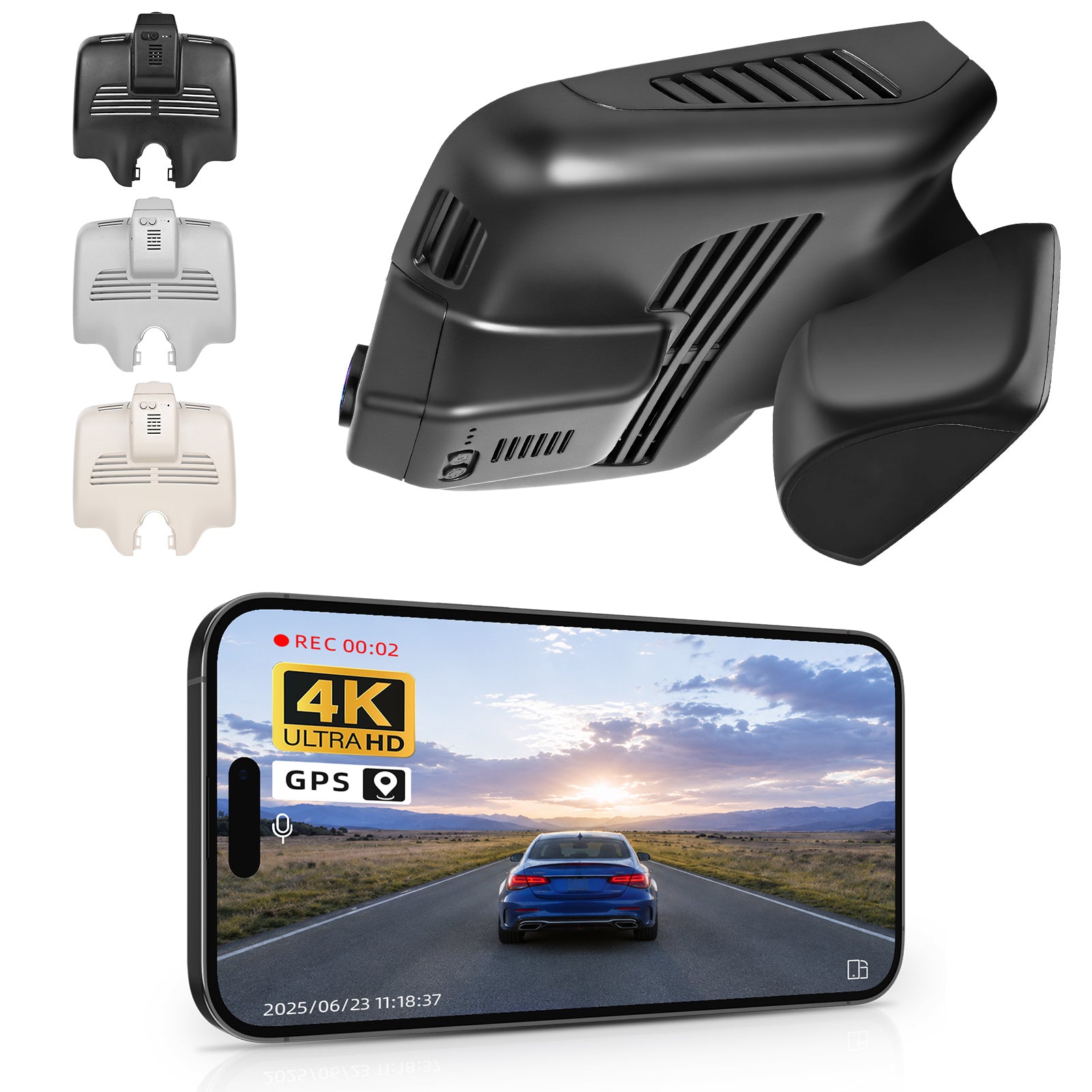 Mangoal Car rearview mirror built-in dash cam with smartphone app control, 4K Ultra HD recording, GPS tracking, and Benz GLC SUV models in the background.