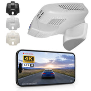 Car rearview mirror built-in dash cam with smartphone app control, 4K Ultra HD recording, GPS tracking, and Benz E-Class Gen5 models in the background.