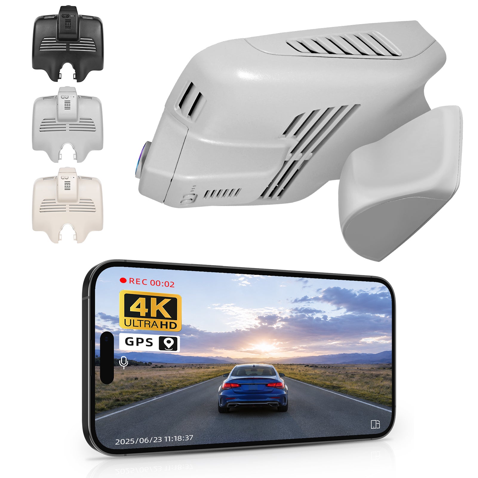 Mangoal Car rearview mirror built-in dash cam with smartphone app control, 4K Ultra HD recording, GPS tracking, and Benz GLC SUV models in the background.
